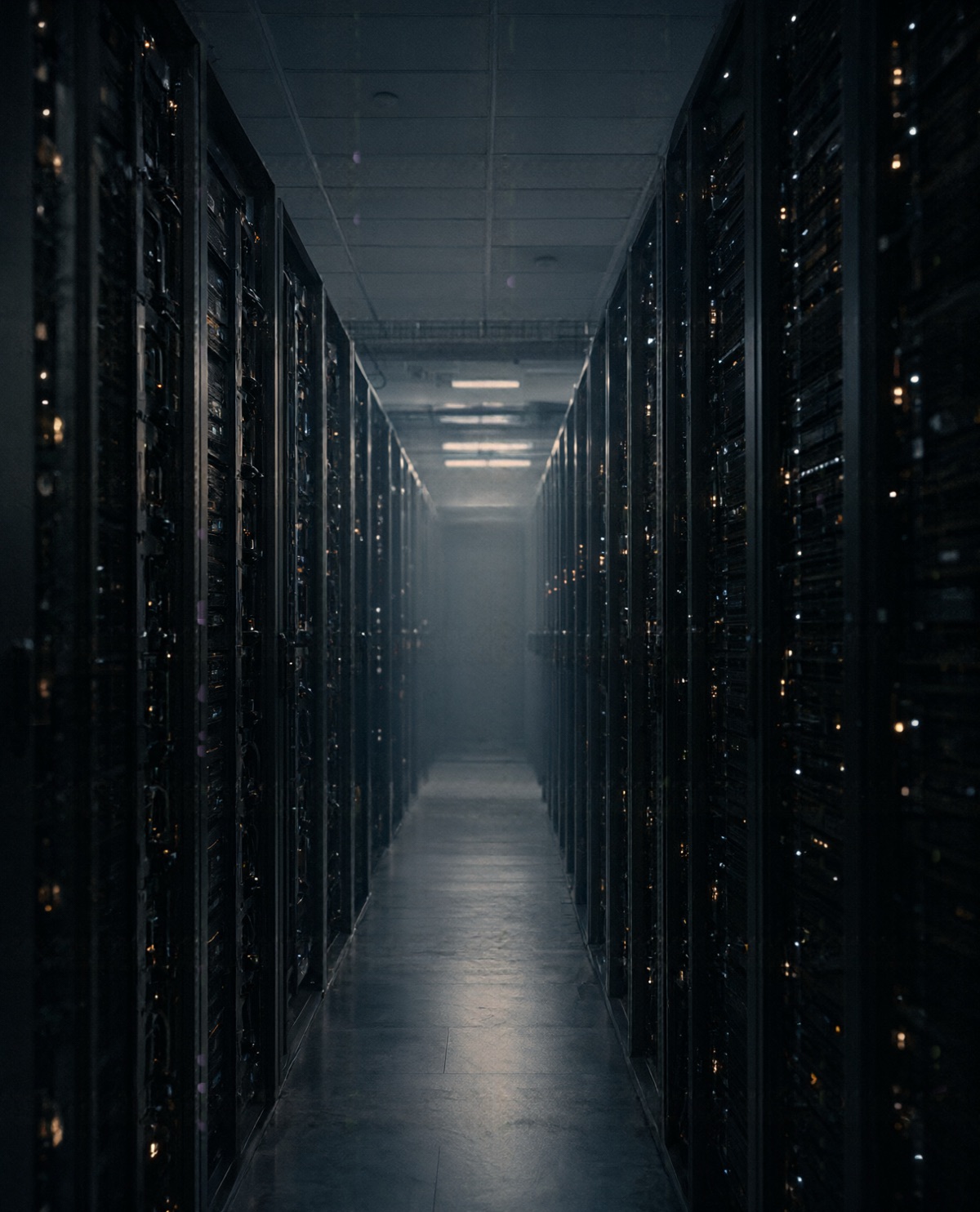A long data-centre aisle, black racks dotted with amber status lights receding into blue haze.